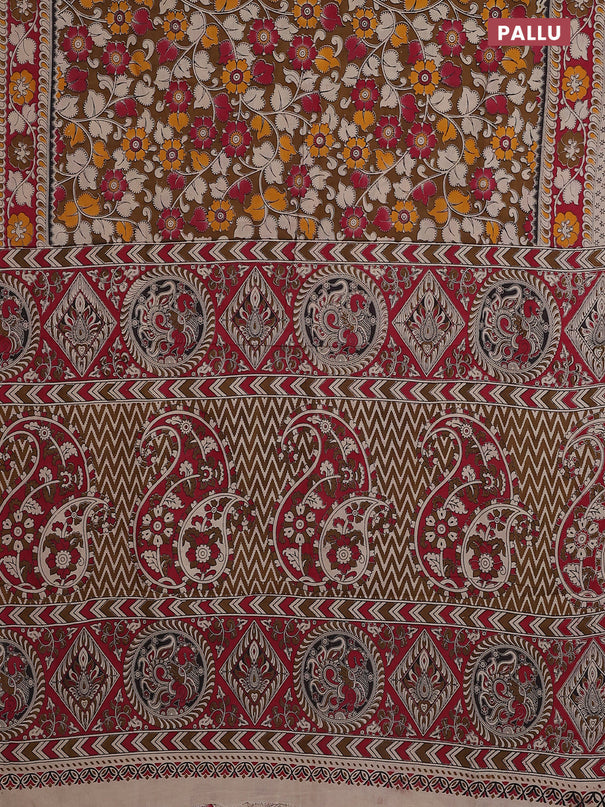 Kalamkari cotton saree brown shade and pink with allover prints and printed border