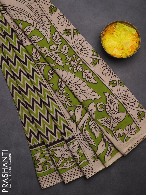 Kalamkari cotton saree black beige and light green with allover ikat prints and printed border