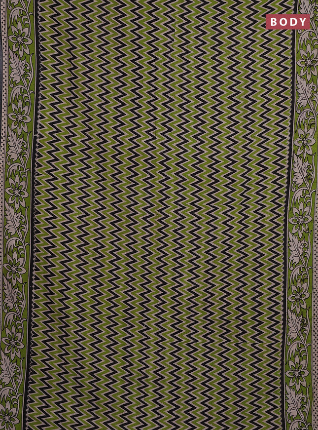 Kalamkari cotton saree black beige and light green with allover ikat prints and printed border