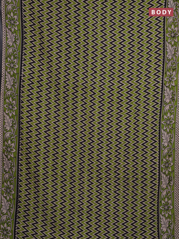Kalamkari cotton saree black beige and light green with allover ikat prints and printed border