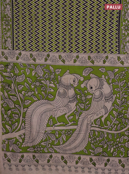 Kalamkari cotton saree black beige and light green with allover ikat prints and printed border