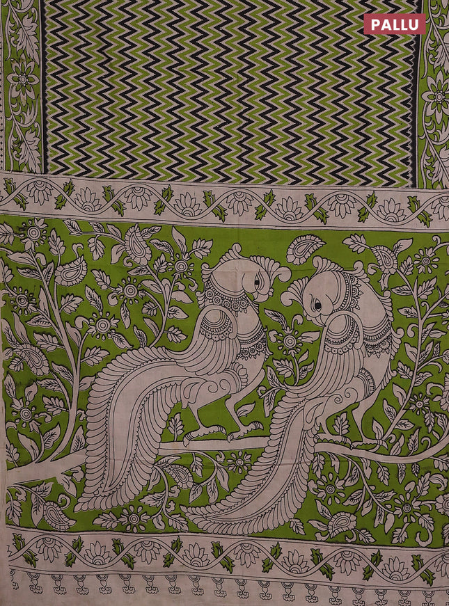 Kalamkari cotton saree black beige and light green with allover ikat prints and printed border