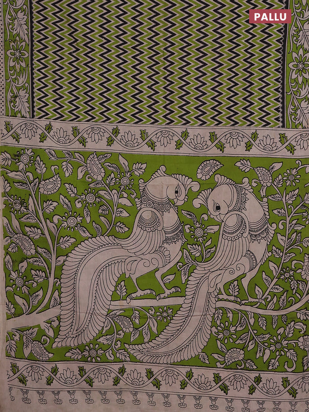 Kalamkari cotton saree black beige and light green with allover ikat prints and printed border