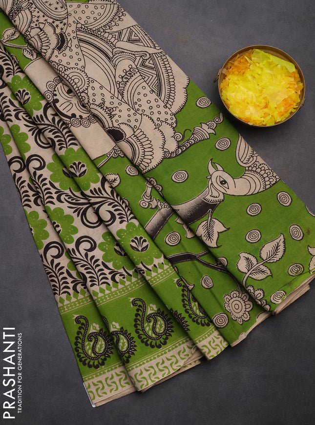 Kalamkari cotton saree beige and green with allover prints and printed border