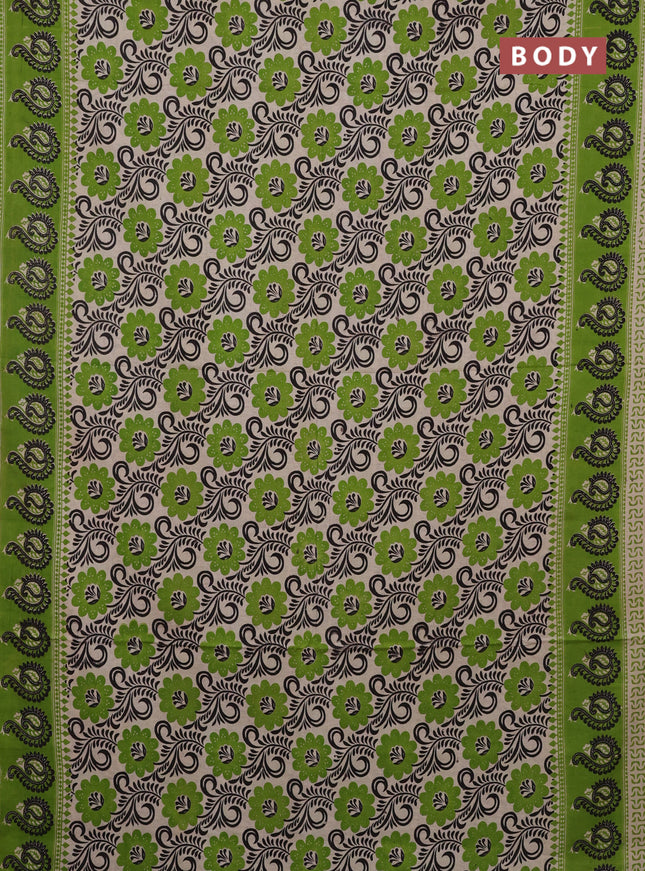 Kalamkari cotton saree beige and green with allover prints and printed border