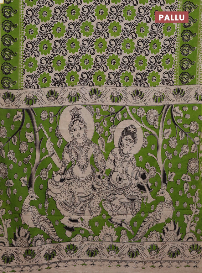Kalamkari cotton saree beige and green with allover prints and printed border