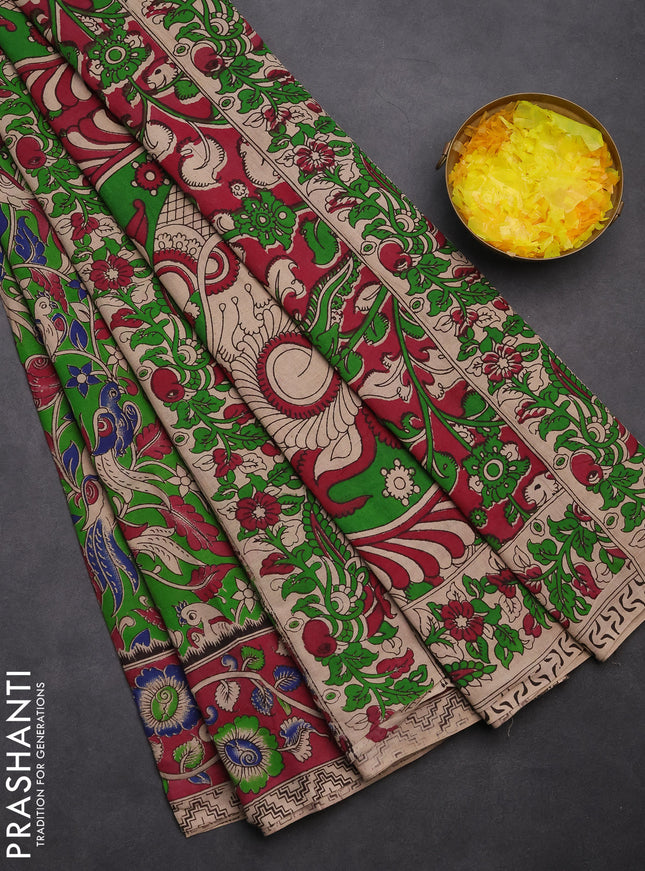 Kalamkari cotton saree green and magenta pink with allover prints and printed border