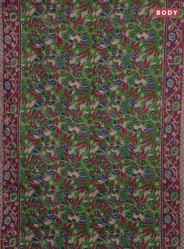 Kalamkari cotton saree green and magenta pink with allover prints and printed border