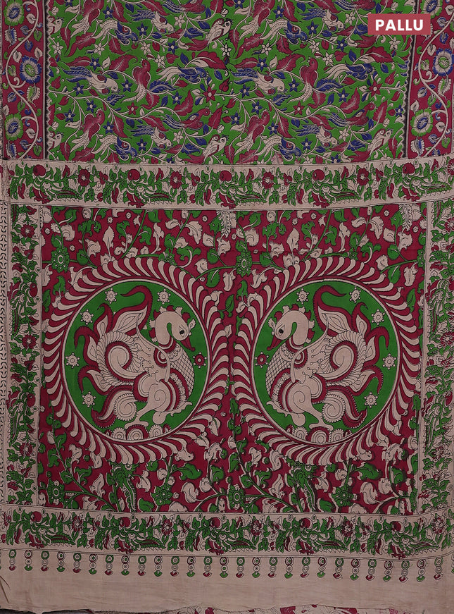 Kalamkari cotton saree green and magenta pink with allover prints and printed border