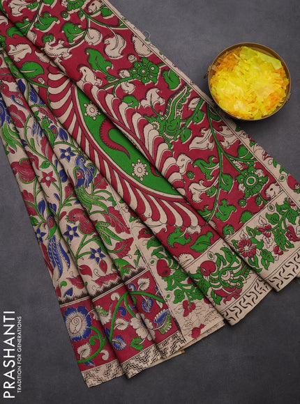 Kalamkari cotton saree beige and magenta pink with allover prints and printed border