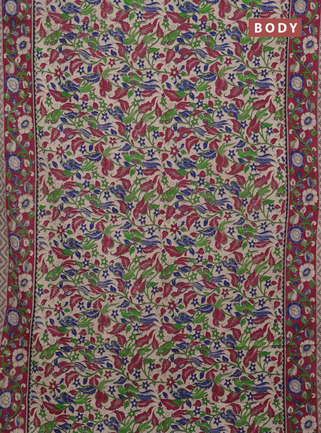 Kalamkari cotton saree beige and magenta pink with allover prints and printed border