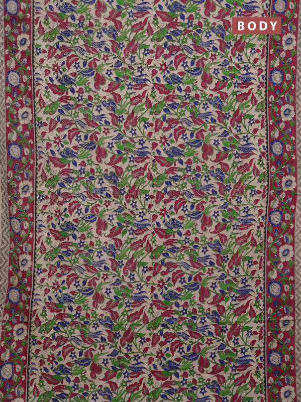 Kalamkari cotton saree beige and magenta pink with allover prints and printed border