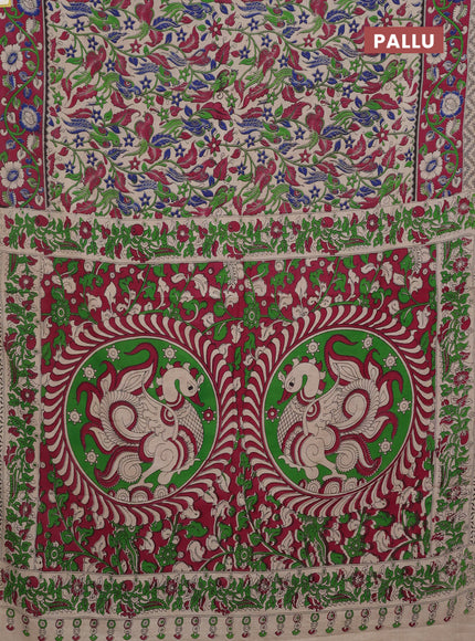 Kalamkari cotton saree beige and magenta pink with allover prints and printed border
