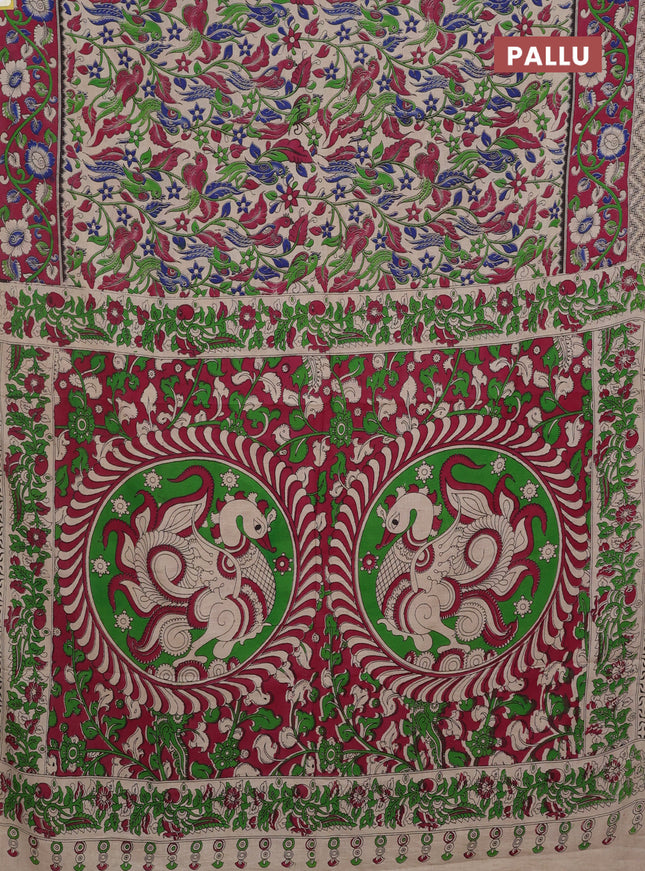 Kalamkari cotton saree beige and magenta pink with allover prints and printed border