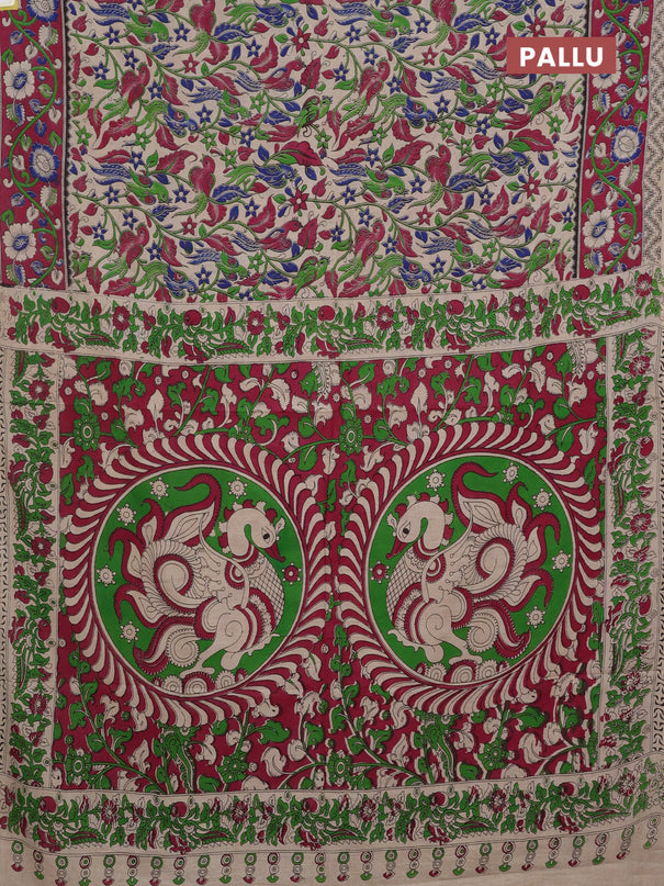 Kalamkari cotton saree beige and magenta pink with allover prints and printed border