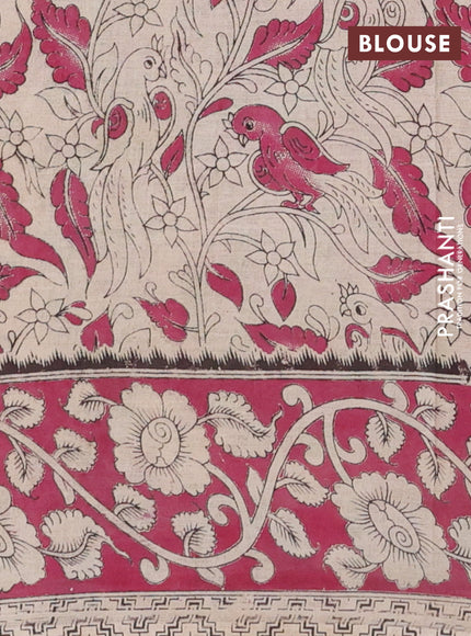 Kalamkari cotton saree beige and magenta pink with allover prints and printed border