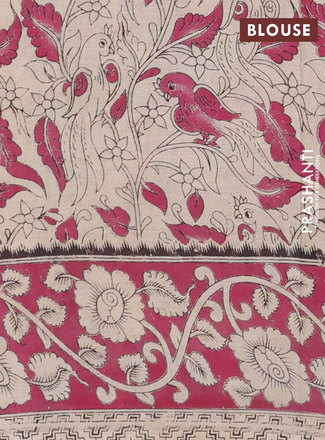 Kalamkari cotton saree beige and magenta pink with allover prints and printed border