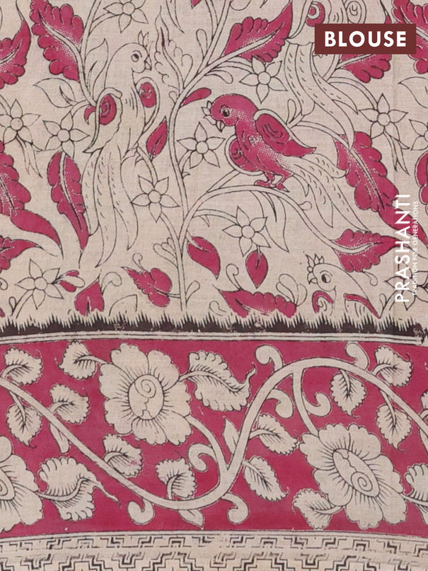Kalamkari cotton saree beige and magenta pink with allover prints and printed border