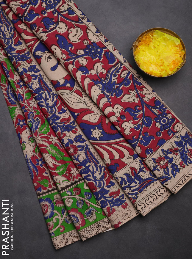 Kalamkari cotton saree magenta pink and green with allover prints and printed border