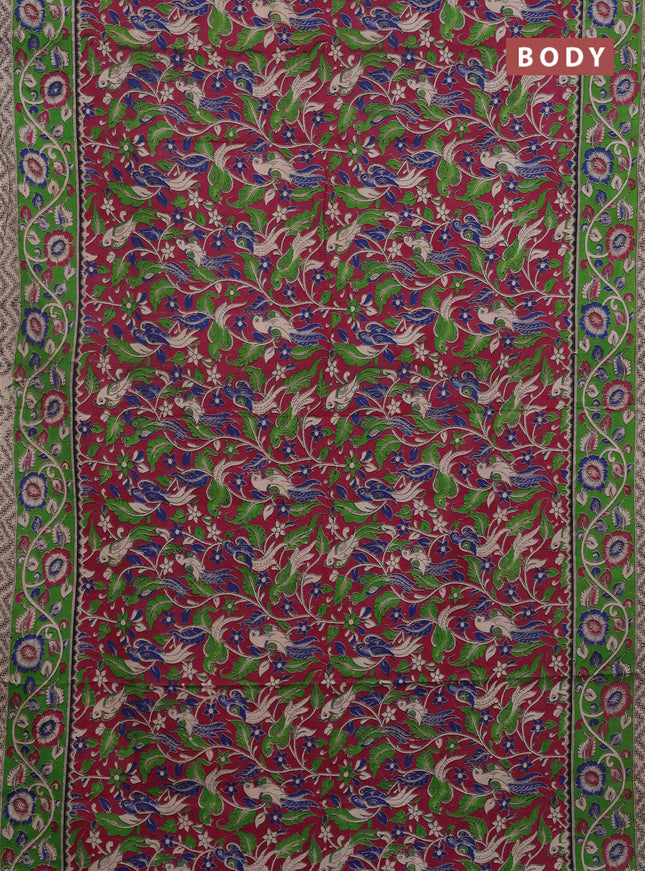 Kalamkari cotton saree magenta pink and green with allover prints and printed border