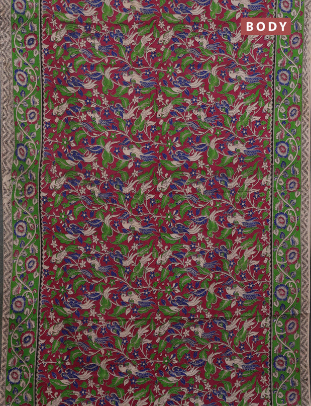 Kalamkari cotton saree magenta pink and green with allover prints and printed border