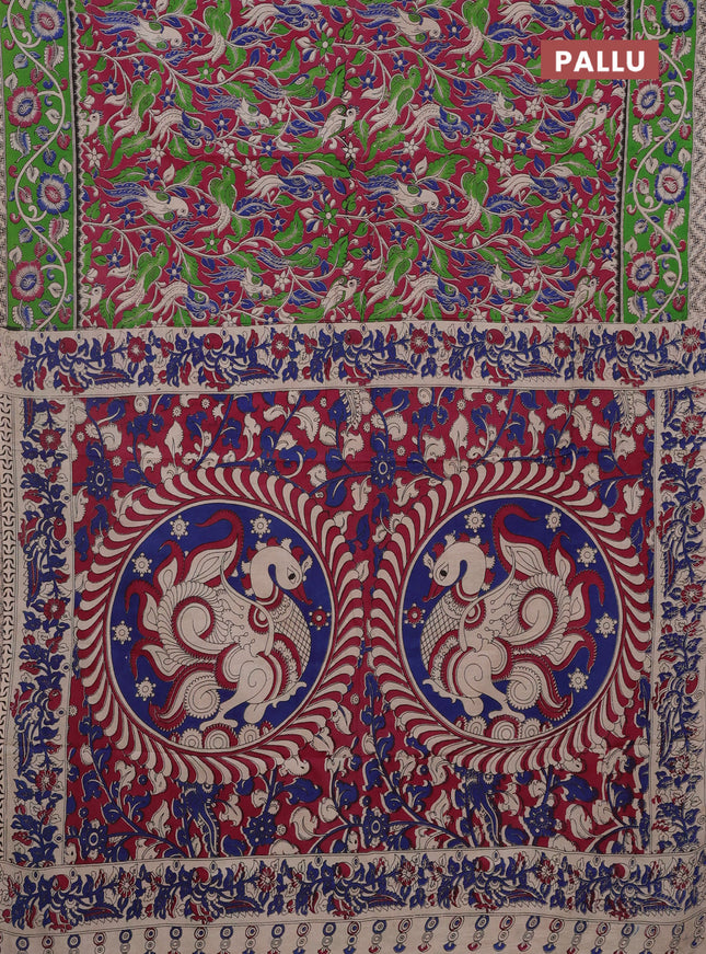 Kalamkari cotton saree magenta pink and green with allover prints and printed border