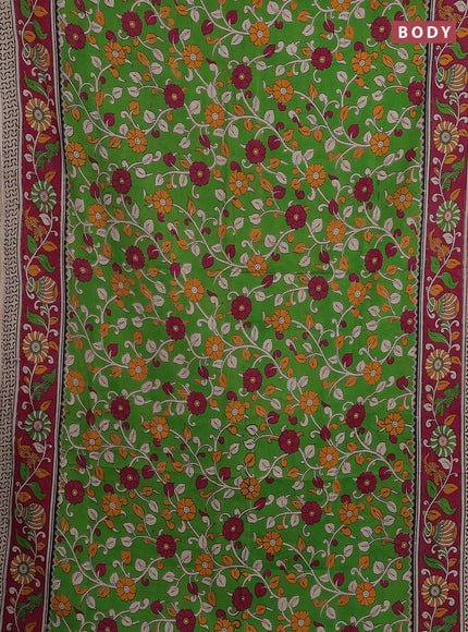 Kalamkari cotton saree parrot green and dark pink with allover prints and printed border
