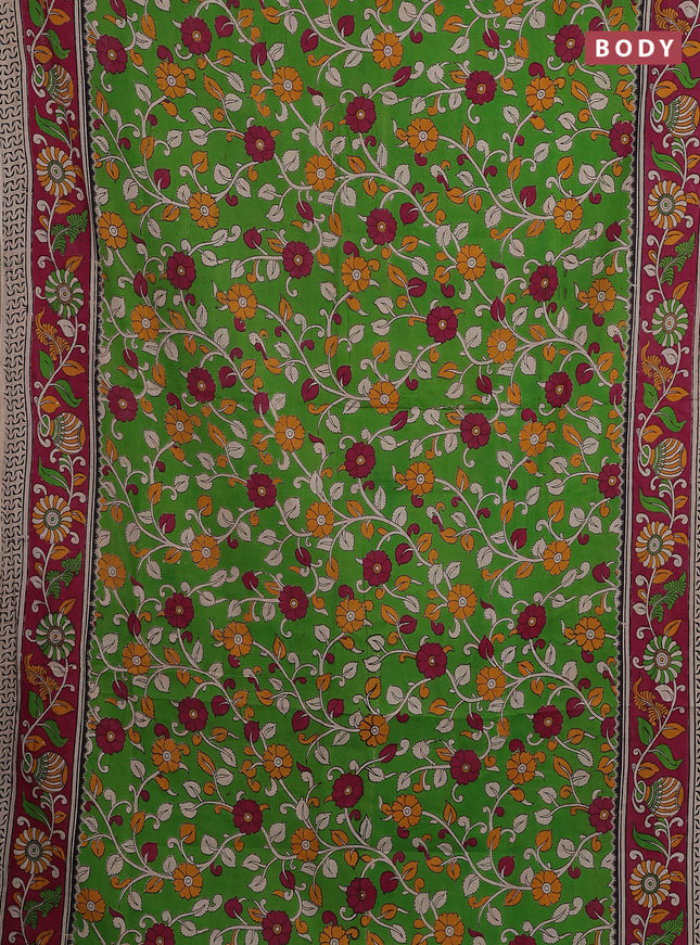 Kalamkari cotton saree parrot green and dark pink with allover prints and printed border