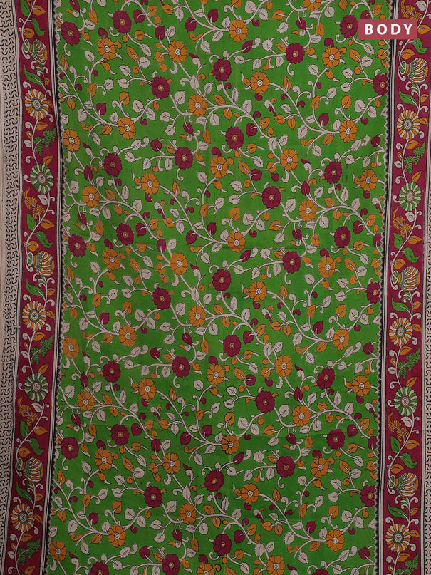 Kalamkari cotton saree parrot green and dark pink with allover prints and printed border