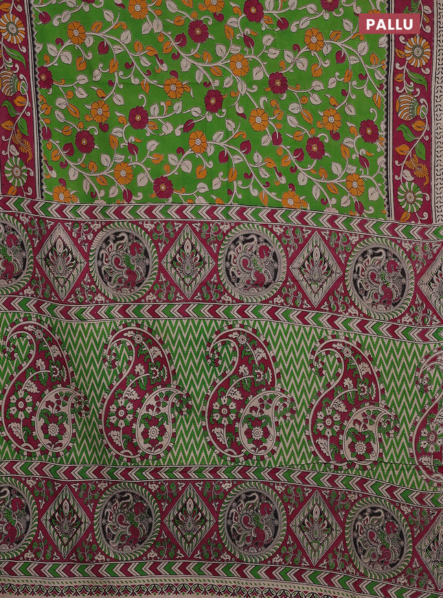 Kalamkari cotton saree parrot green and dark pink with allover prints and printed border