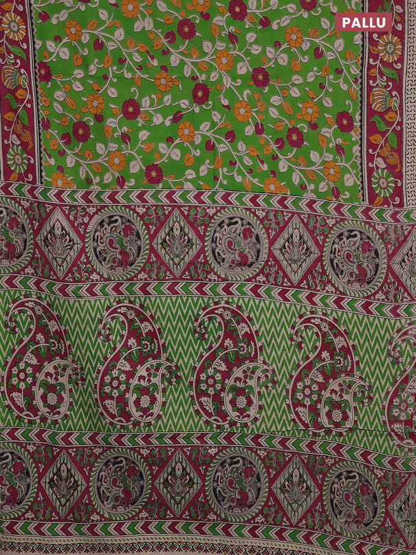 Kalamkari cotton saree parrot green and dark pink with allover prints and printed border