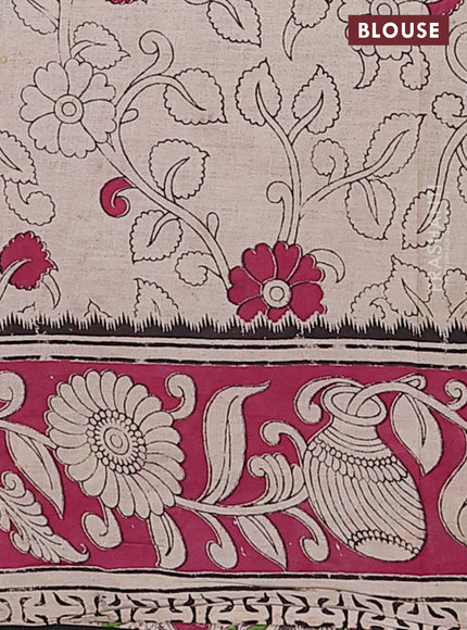 Kalamkari cotton saree parrot green and dark pink with allover prints and printed border
