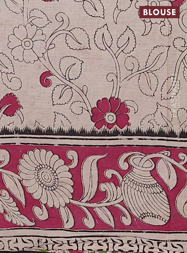 Kalamkari cotton saree parrot green and dark pink with allover prints and printed border