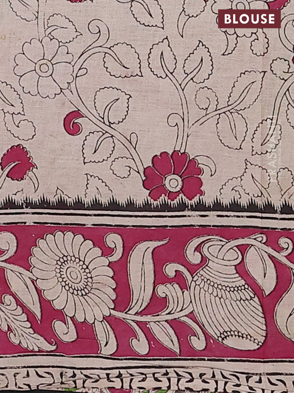 Kalamkari cotton saree parrot green and dark pink with allover prints and printed border