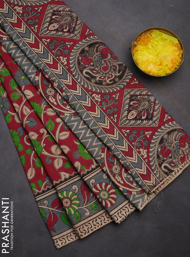 Kalamkari cotton saree maroon and grey shade with allover prints and printed border