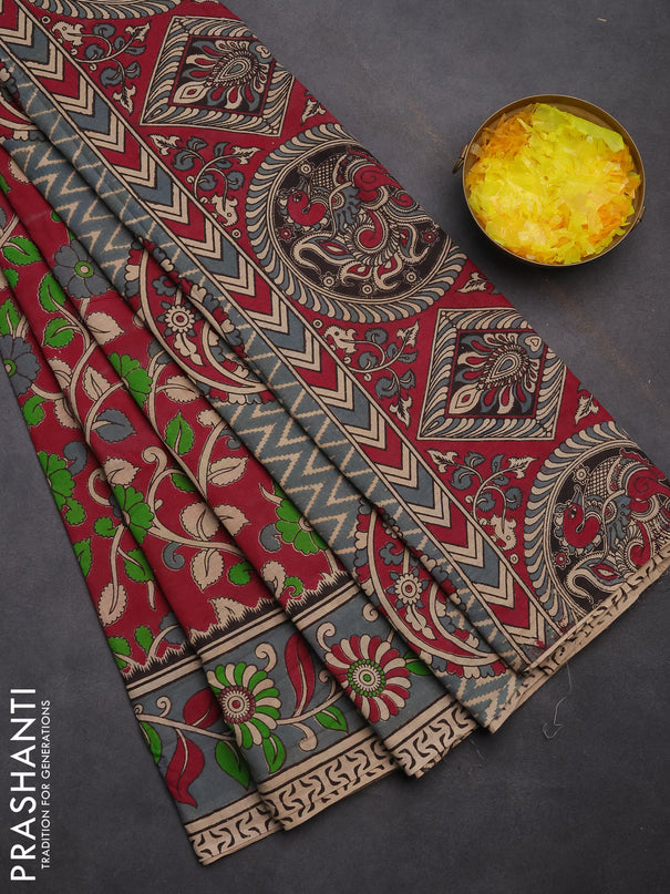 Kalamkari cotton saree maroon and grey shade with allover prints and printed border