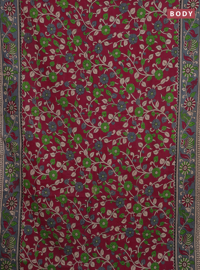 Kalamkari cotton saree maroon and grey shade with allover prints and printed border