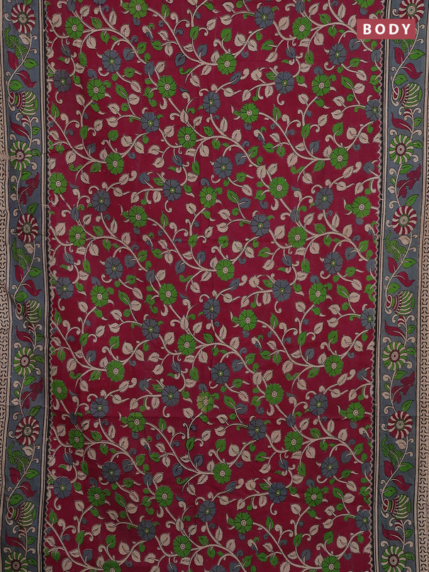Kalamkari cotton saree maroon and grey shade with allover prints and printed border