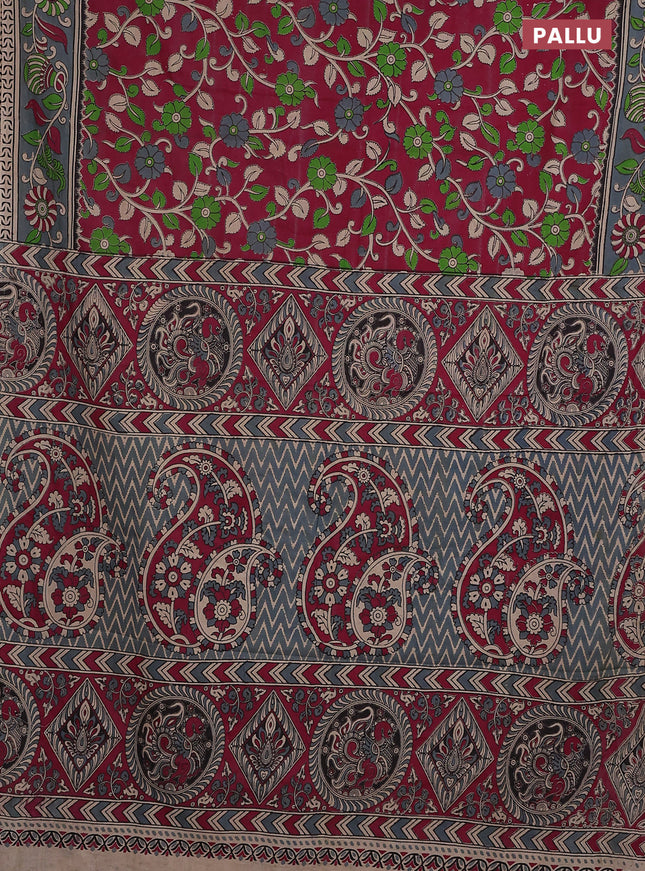 Kalamkari cotton saree maroon and grey shade with allover prints and printed border