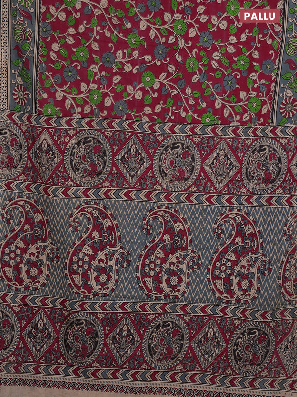 Kalamkari cotton saree maroon and grey shade with allover prints and printed border