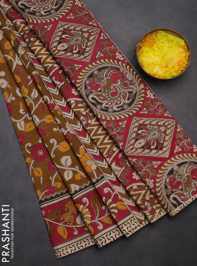 Kalamkari cotton saree dark mustard and dark pink with allover prints and printed border
