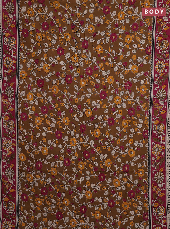 Kalamkari cotton saree dark mustard and dark pink with allover prints and printed border