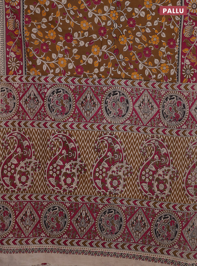 Kalamkari cotton saree dark mustard and dark pink with allover prints and printed border