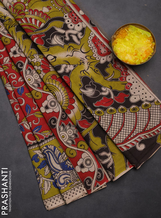 Kalamkari cotton saree red and light green with allover prints and printed border
