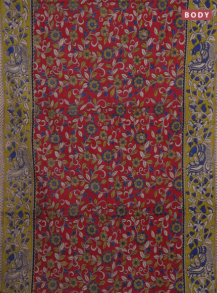Kalamkari cotton saree red and light green with allover prints and printed border