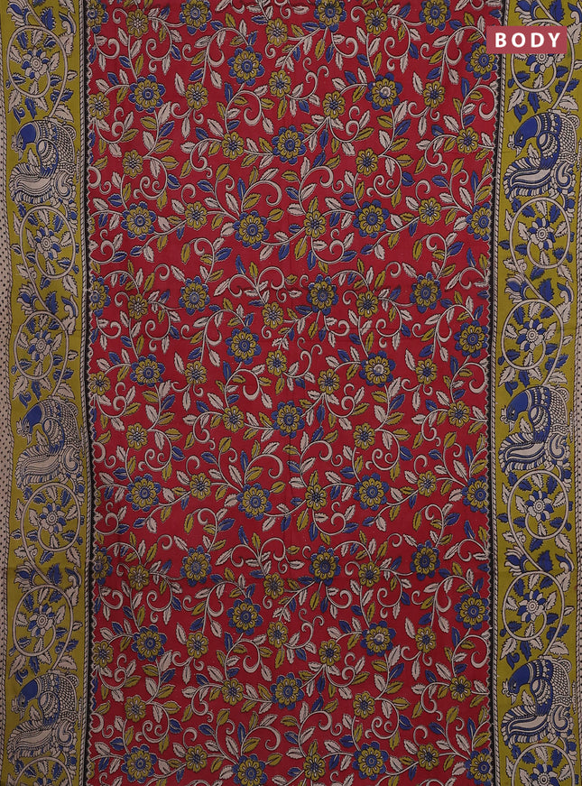 Kalamkari cotton saree red and light green with allover prints and printed border