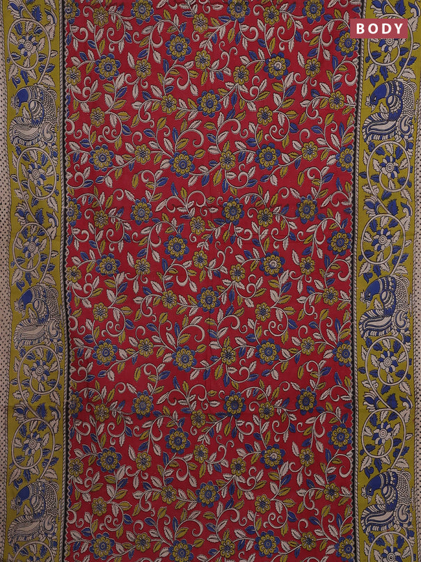 Kalamkari cotton saree red and light green with allover prints and printed border
