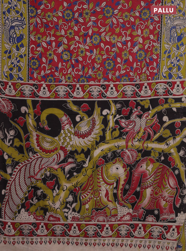 Kalamkari cotton saree red and light green with allover prints and printed border