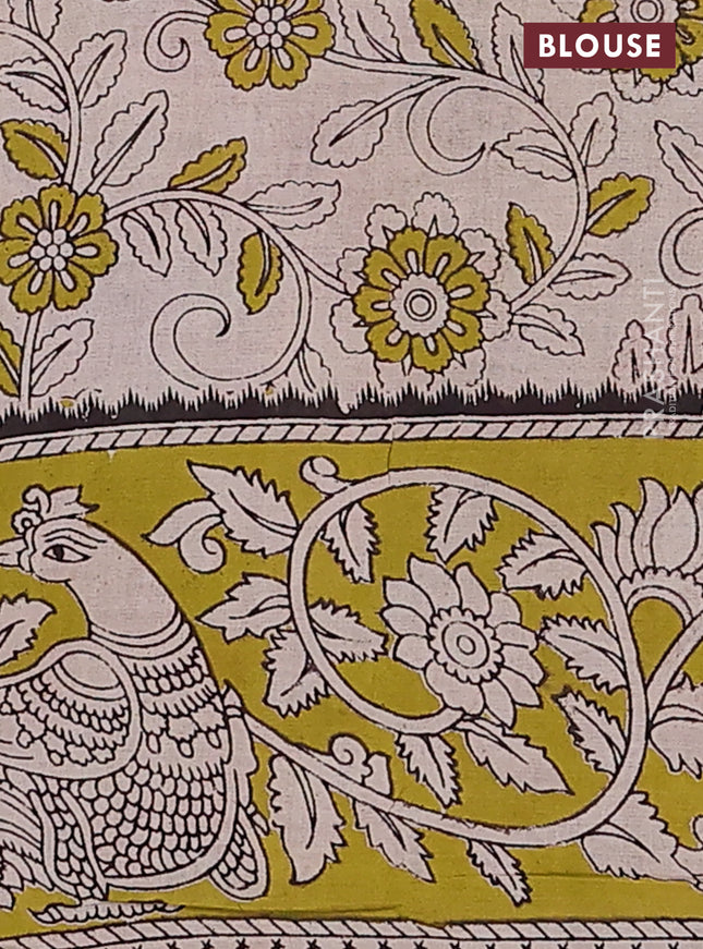 Kalamkari cotton saree red and light green with allover prints and printed border