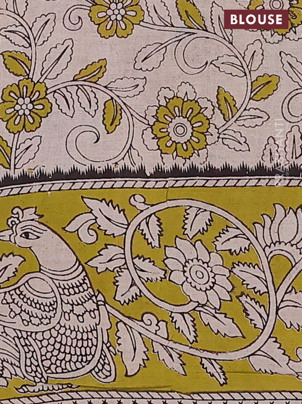 Kalamkari cotton saree red and light green with allover prints and printed border